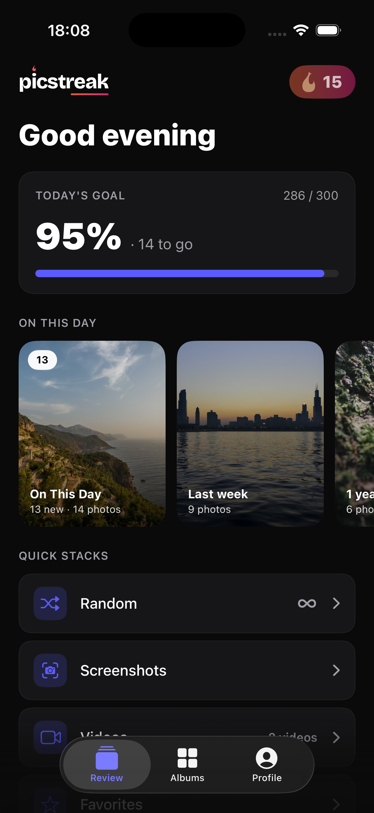 Picstreak home screen with today's goal, streak, and quick stacks