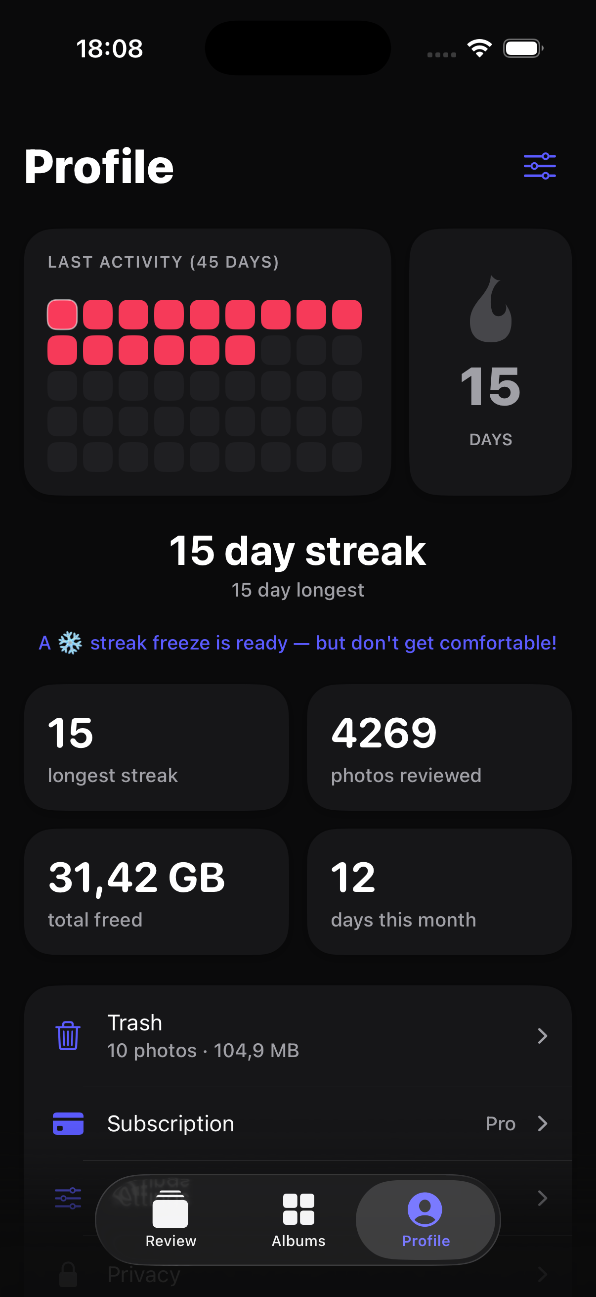 Streak and stats profile screen